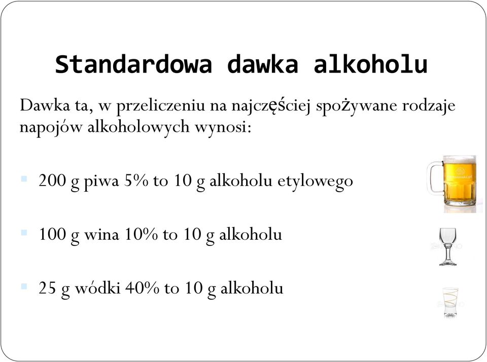 wynosi: 200 g piwa 5% to 10 g alkoholu etylowego 100 g