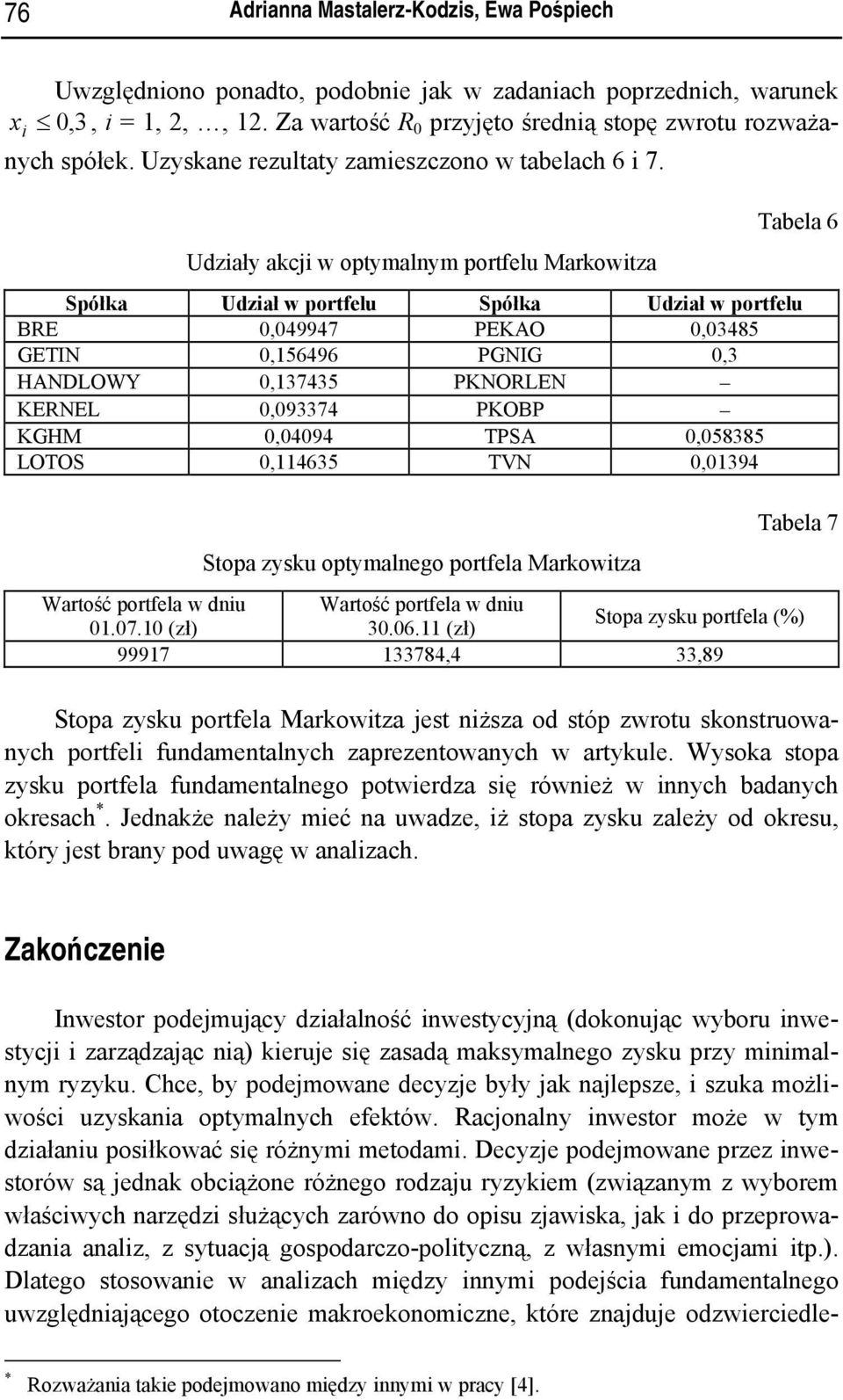 Udzały akc w optymalnym portfelu Markowtza Tabela 6 Spółka Udzał w portfelu Spółka Udzał w portfelu BRE 0,049947 PEKAO 0,03485 GETIN 0,56496 PGNIG 0,3 HANDLOWY 0,37435 PKNORLEN KERNEL 0,093374 PKOBP