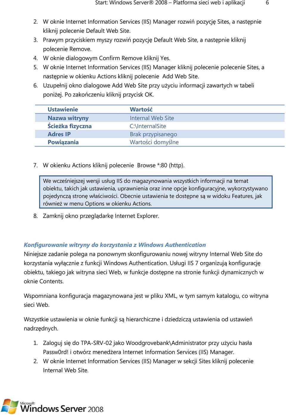 W oknie Internet Information Services (IIS) Manager kliknij polecenie polecenie Sites, a następnie w okienku Actions kliknij polecenie Add Web Site. 6.