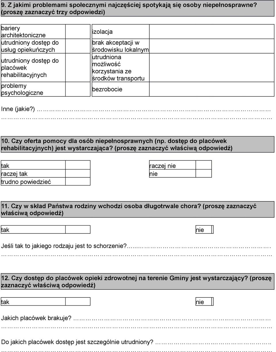 środowisku lokalnym utrudniona możliwość korzystania ze środków transportu bezrobocie Inne (jakie?) 10. Czy oferta pomocy dla osób niepełnosprawnych (np.