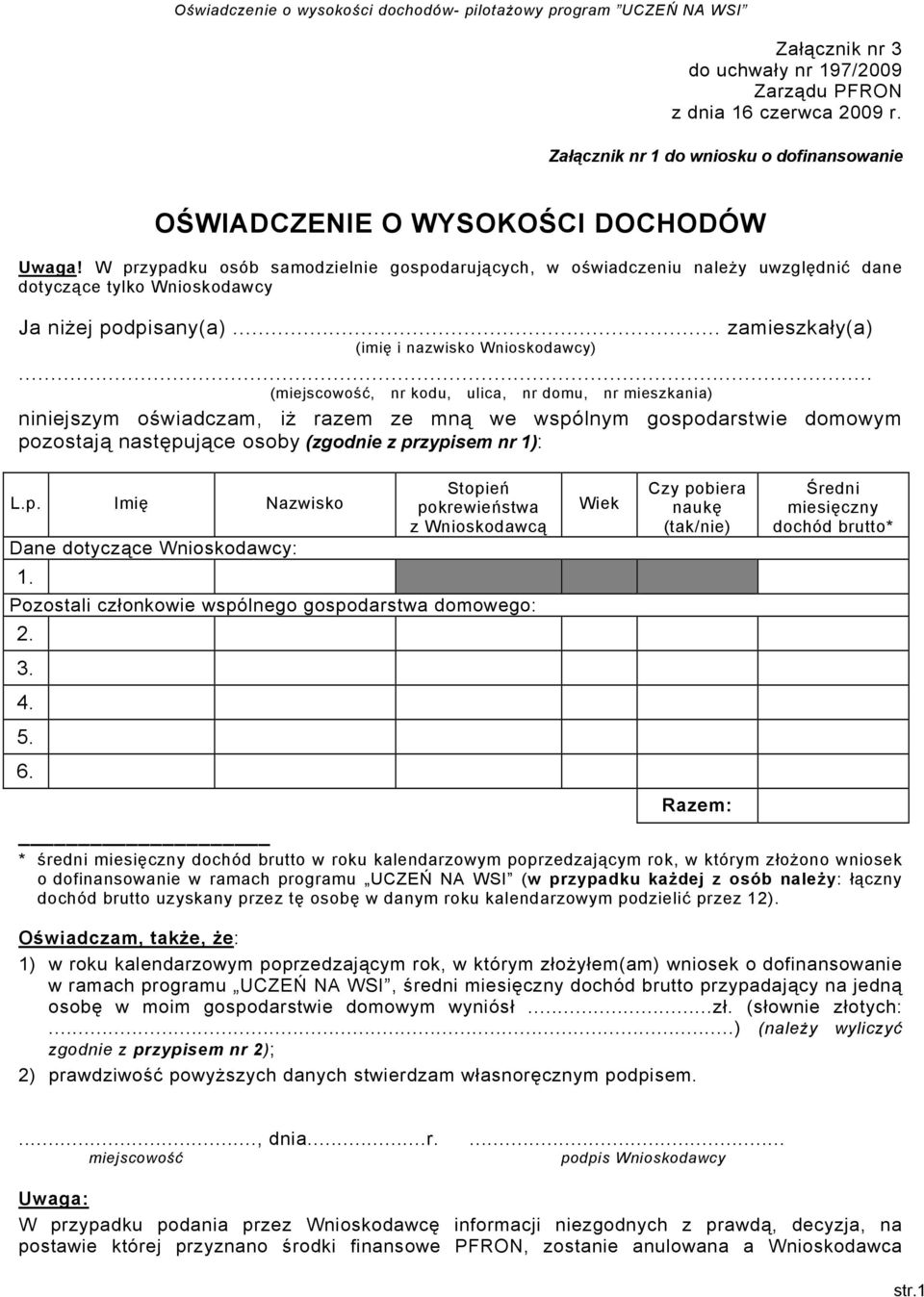 W przypadku osób samodzielnie gospodarujących, w oświadczeniu należy uwzględnić dane dotyczące tylko Wnioskodawcy Ja niżej podpisany(a)... zamieszkały(a) (imię i nazwisko Wnioskodawcy).