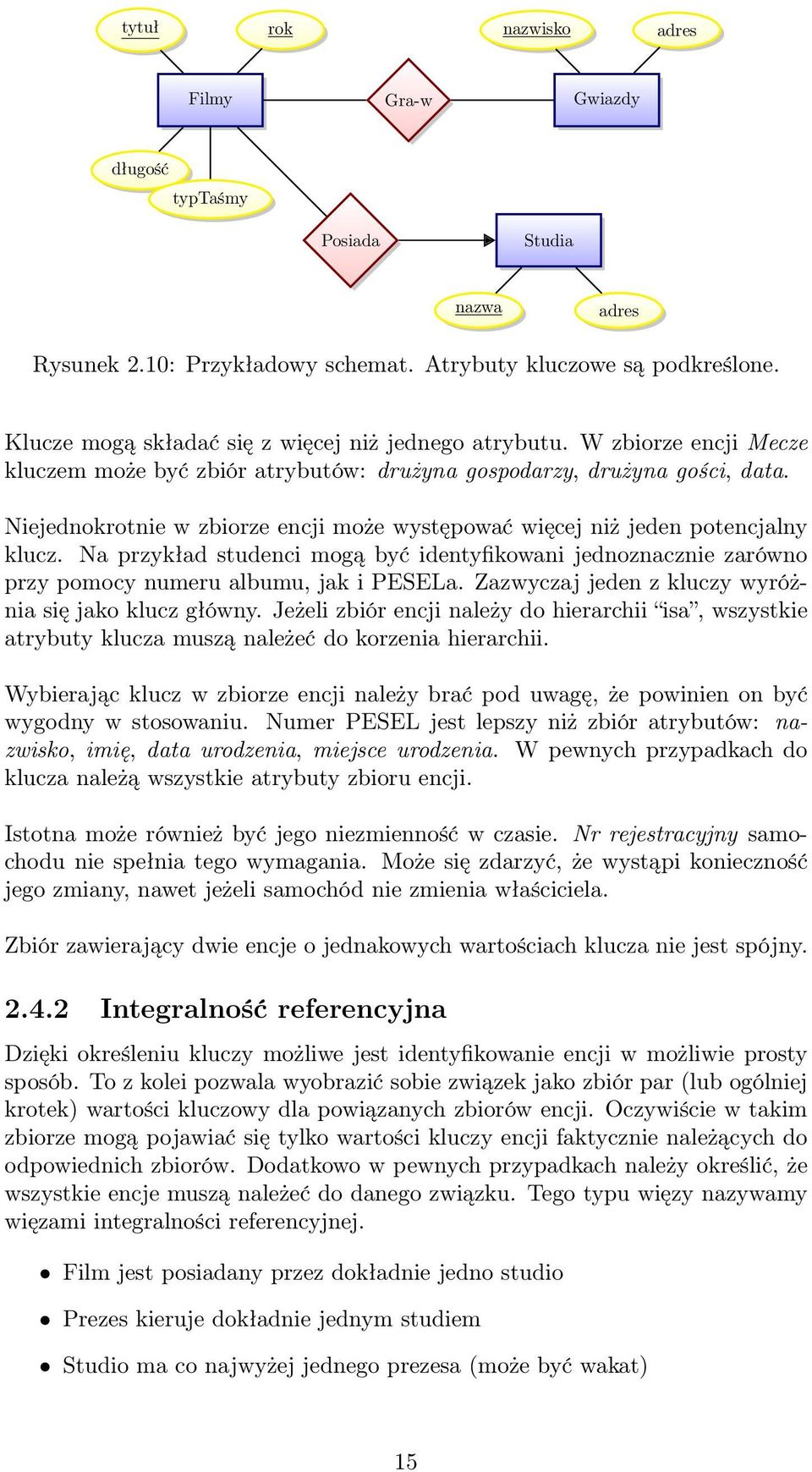 Niejednokrotnie w zbiorze encji może występować więcej niż jeden potencjalny klucz. Na przykład studenci mogą być identyfikowani jednoznacznie zarówno przy pomocy numeru albumu, jak i PESELa.