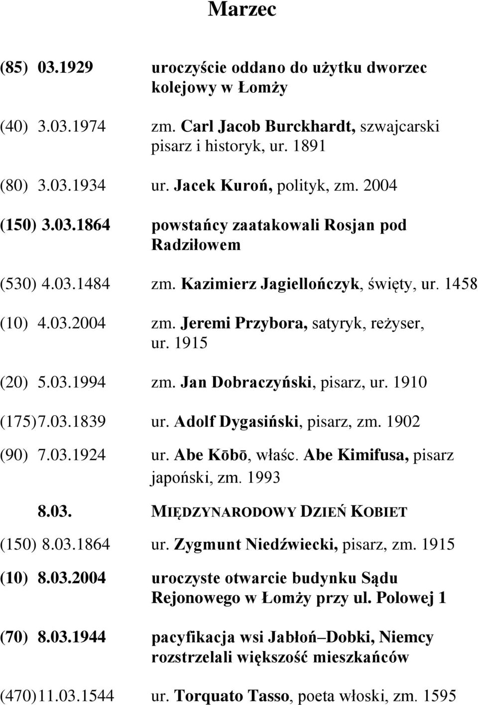Jan Dobraczyński, pisarz, ur. 1910 (175) 7.03.1839 ur. Adolf Dygasiński, pisarz, zm. 1902 (90) 7.03.1924 ur. Abe Kōbō, właśc. Abe Kimifusa, pisarz japoński, zm. 1993 8.03. MIĘDZYNARODOWY DZIEŃ KOBIET (150) 8.