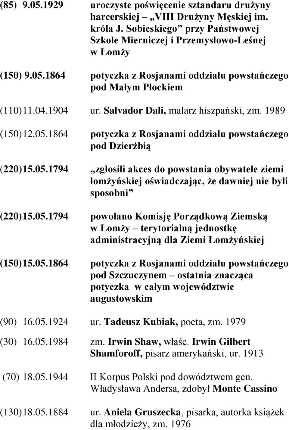 05.1794 powołano Komisję Porządkową Ziemską w Łomży terytorialną jednostkę administracyjną dla Ziemi Łomżyńskiej (150) 15.05.1864 potyczka z Rosjanami oddziału powstańczego pod Szczuczynem ostatnia znacząca potyczka w całym województwie augustowskim (90) 16.