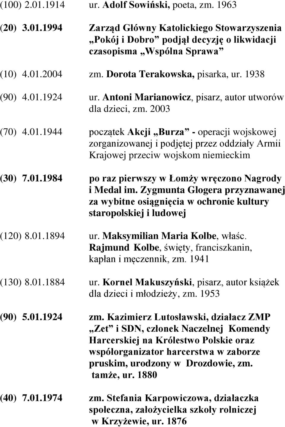 01.1984 po raz pierwszy w Łomży wręczono Nagrody i Medal im. Zygmunta Glogera przyznawanej za wybitne osiągnięcia w ochronie kultury staropolskiej i ludowej (120) 8.01.1894 ur.