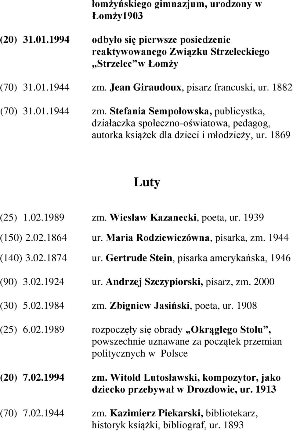 02.1989 zm. Wiesław Kazanecki, poeta, ur. 1939 (150) 2.02.1864 ur. Maria Rodziewiczówna, pisarka, zm. 1944 (140) 3.02.1874 ur. Gertrude Stein, pisarka amerykańska, 1946 (90) 3.02.1924 ur.