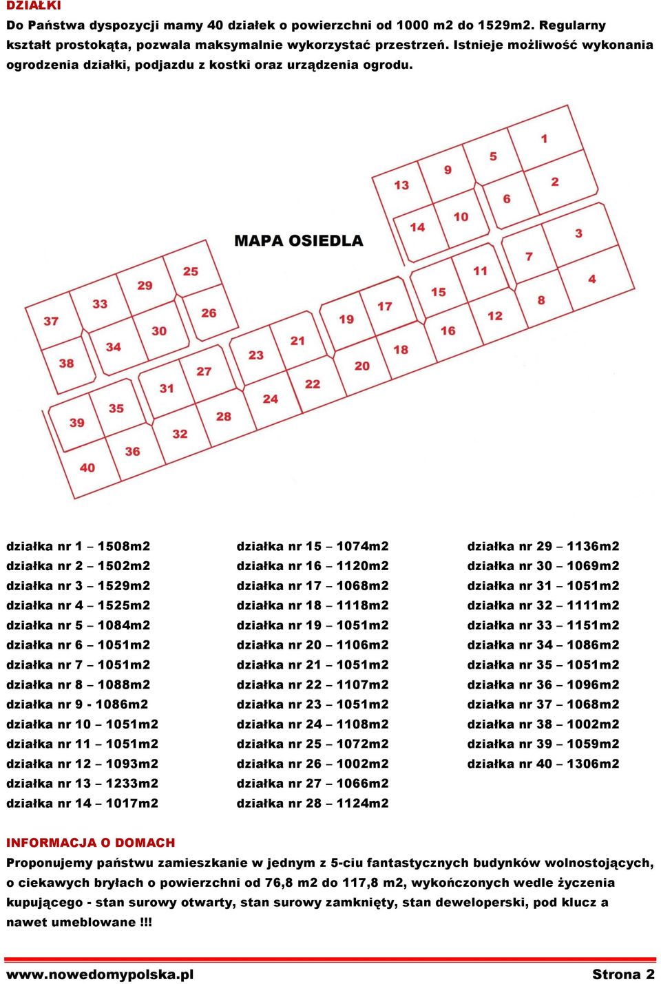 działka nr 1 1508m2 działka nr 2 1502m2 działka nr 3 1529m2 działka nr 4 1525m2 działka nr 5 1084m2 działka nr 6 1051m2 działka nr 7 1051m2 działka nr 8 1088m2 działka nr 9-1086m2 działka nr 10