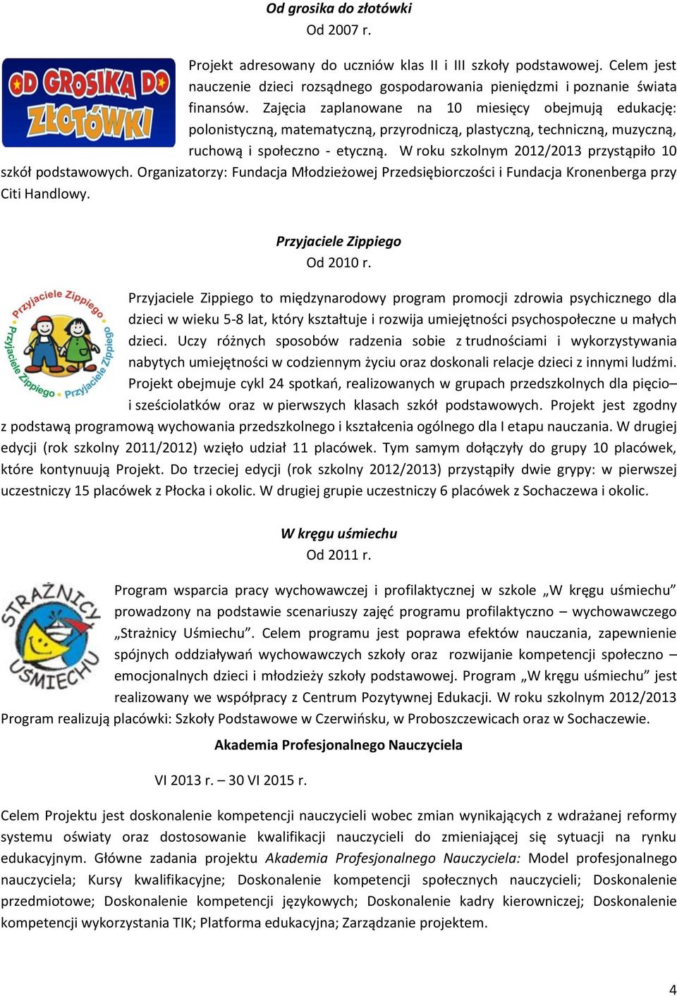 W roku szkolnym 2012/2013 przystąpiło 10 szkół podstawowych. Organizatorzy: Fundacja Młodzieżowej Przedsiębiorczości i Fundacja Kronenberga przy Citi Handlowy. Przyjaciele Zippiego Od 2010 r.