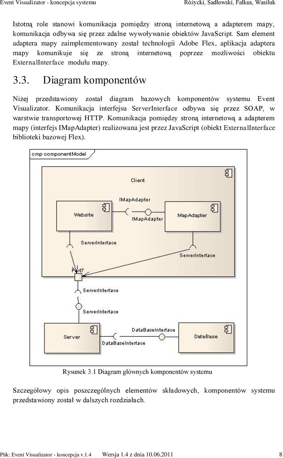 3. Diagram komponentów Niżej przedstawiony został diagram bazowych komponentów systemu Event Visualizator. Komunikacja interfejsu ServerInterface odbywa się przez SOAP, w warstwie transportowej HTTP.