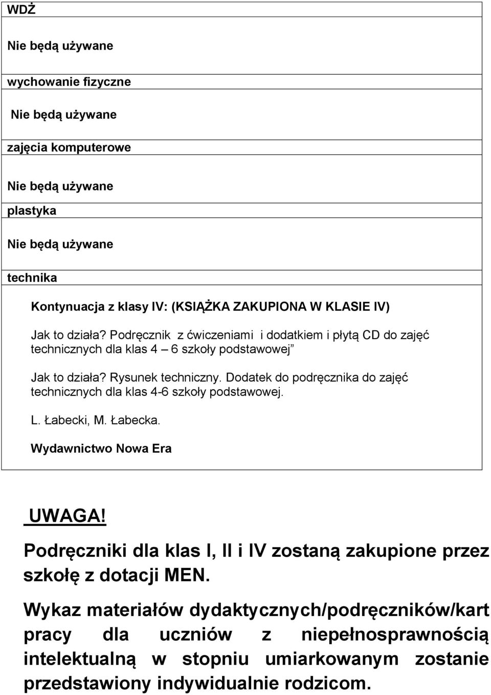 Dodatek do podręcznika do zajęć technicznych dla klas 4-6 szkoły podstawowej. L. Łabecki, M. Łabecka. UWAGA!