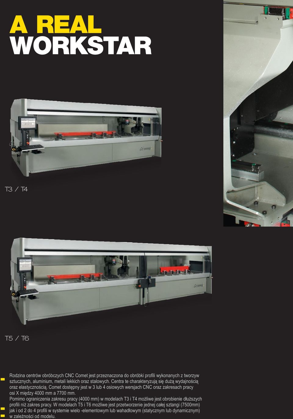 Comet dostępny jest w 3 lub 4 osiowych wersjach CNC oraz zakresach pracy osi X między 4000 mm a 7700 mm.