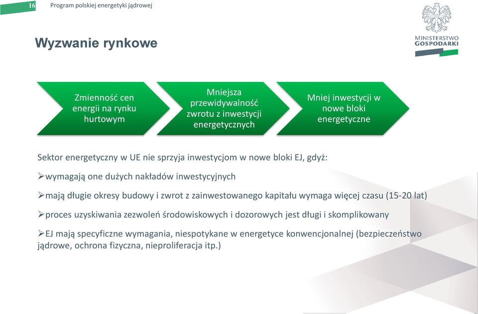 okresy budowy i zwrot z zainwestowanego kapitału wymaga więcej czasu (15-20 lat) proces uzyskiwania zezwoleń środowiskowych i dozorowych jest długi