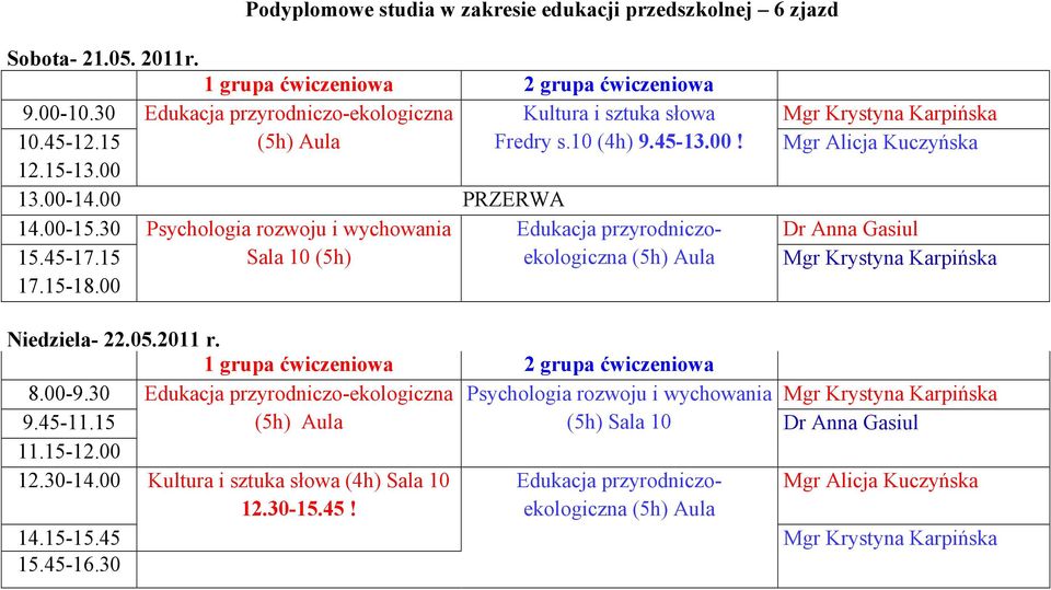 30 Psychologia rozwoju i wychowania Edukacja przyrodniczoekologiczna 15.45-17.15 Sala 10 (5h) 17.15-18.00 Niedziela- 22.05.2011 r.