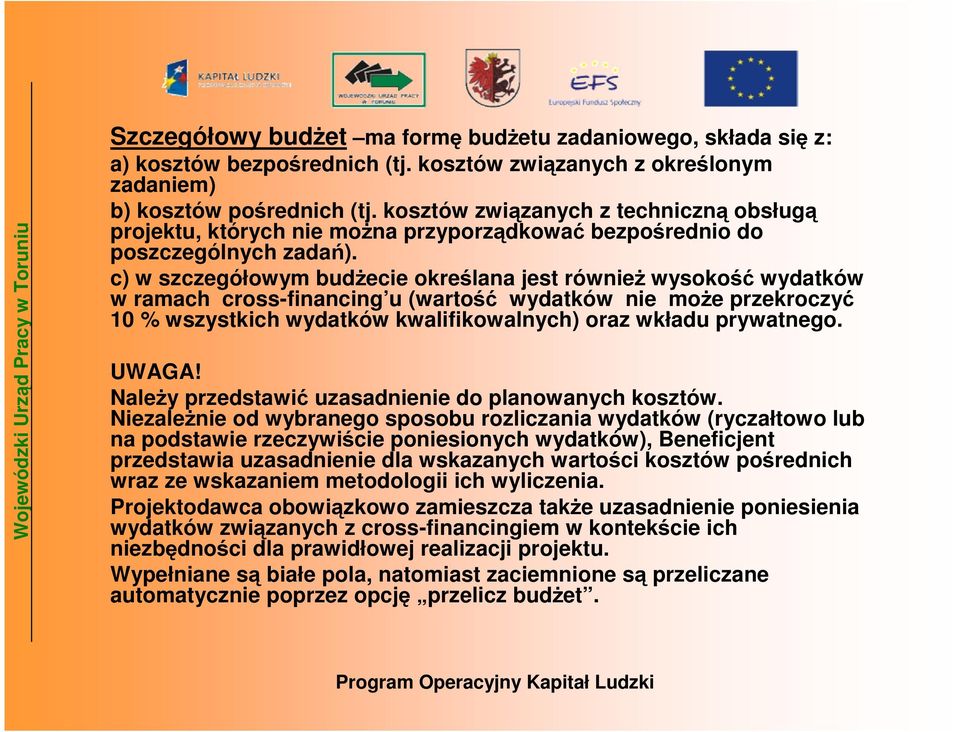 c) w szczegółowym budŝecie określana jest równieŝ wysokość wydatków w ramach cross-financing u (wartość wydatków nie moŝe przekroczyć 10 % wszystkich wydatków kwalifikowalnych) oraz wkładu prywatnego.