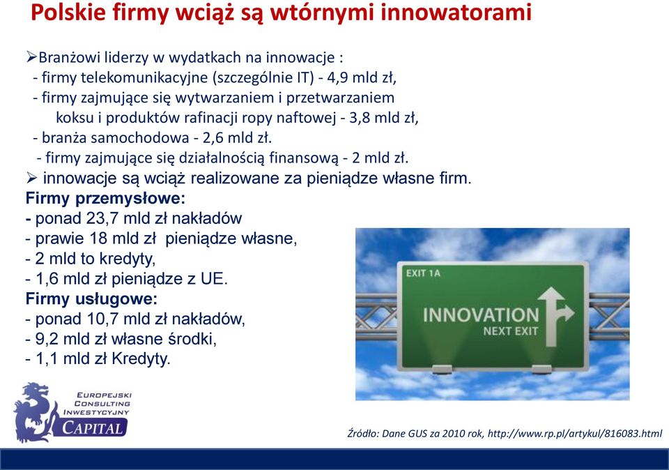 - firmy zajmujące się działalnością finansową - 2 mld zł. innowacje są wciąż realizowane za pieniądze własne firm.