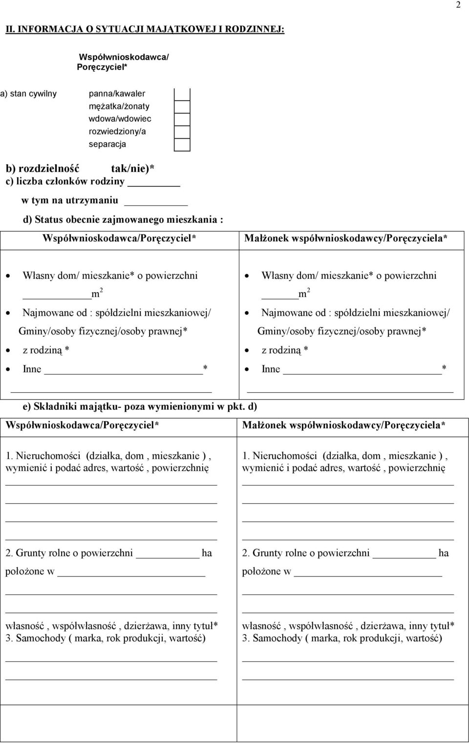 prawnej* z rodziną * Inne * _ Własny dom/ mieszkanie* o powierzchni m 2 Najmowane od : spółdzielni mieszkaniowej/ Gminy/osoby fizycznej/osoby prawnej* z rodziną * Inne * e) Składniki majątku- poza