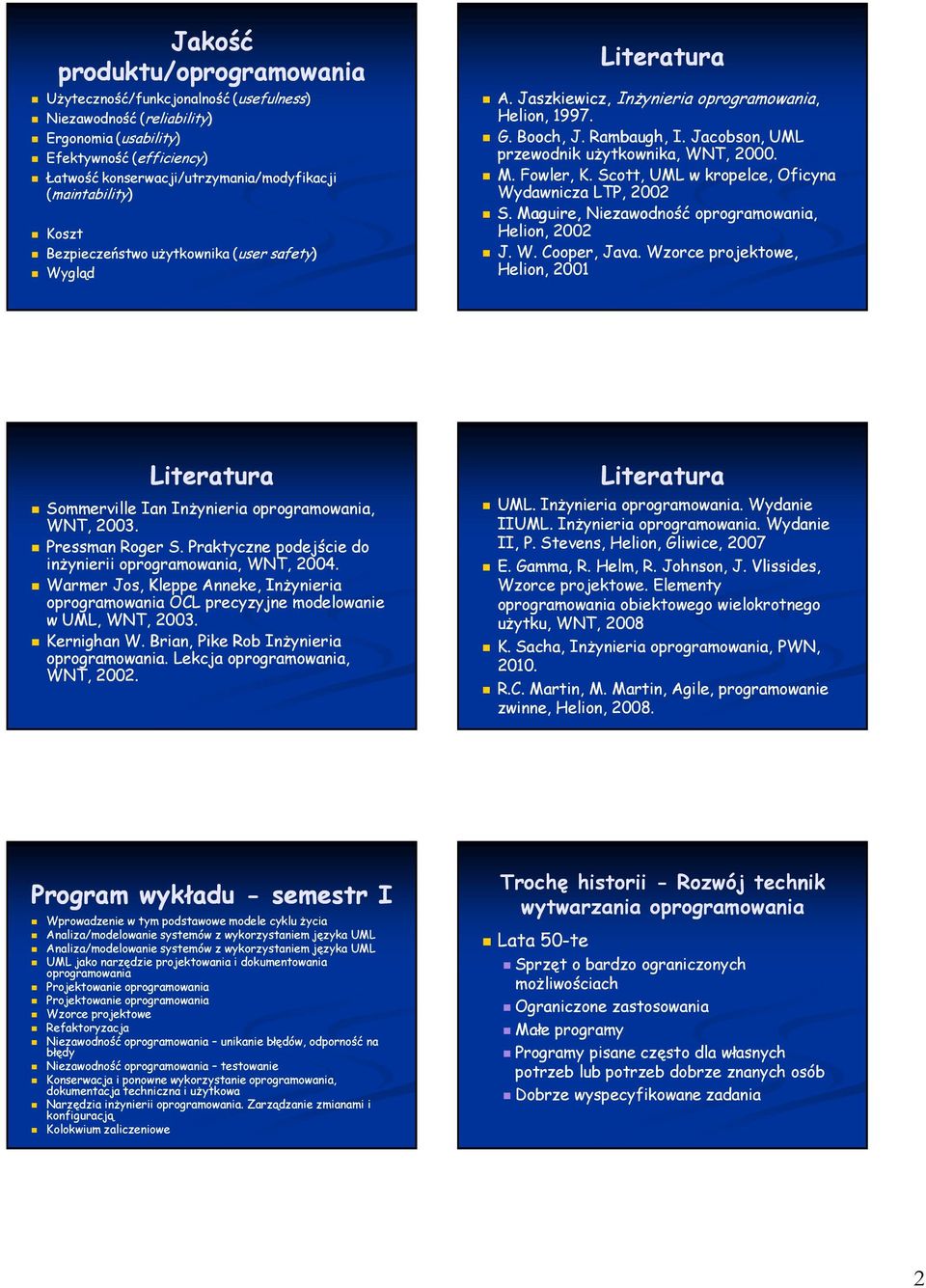 Scott, UML w kropelce, Oficyna Wydawnicza LTP, 2002 S. Maguire, Niezawodność, Helion, 2002 J. W. Cooper, Java. Wzorce projektowe, Helion, 2001 Literatura Sommerville Ian Inżynieria, WNT, 2003.