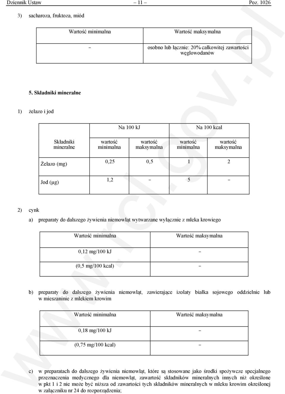 a) preparaty do dalszego żywienia niemowląt wytwarzane wyłącznie z mleka krowiego 0,12 mg/100 kj (0,5 mg/100 kcal) b) preparaty do dalszego żywienia niemowląt, zawierające izolaty białka sojowego