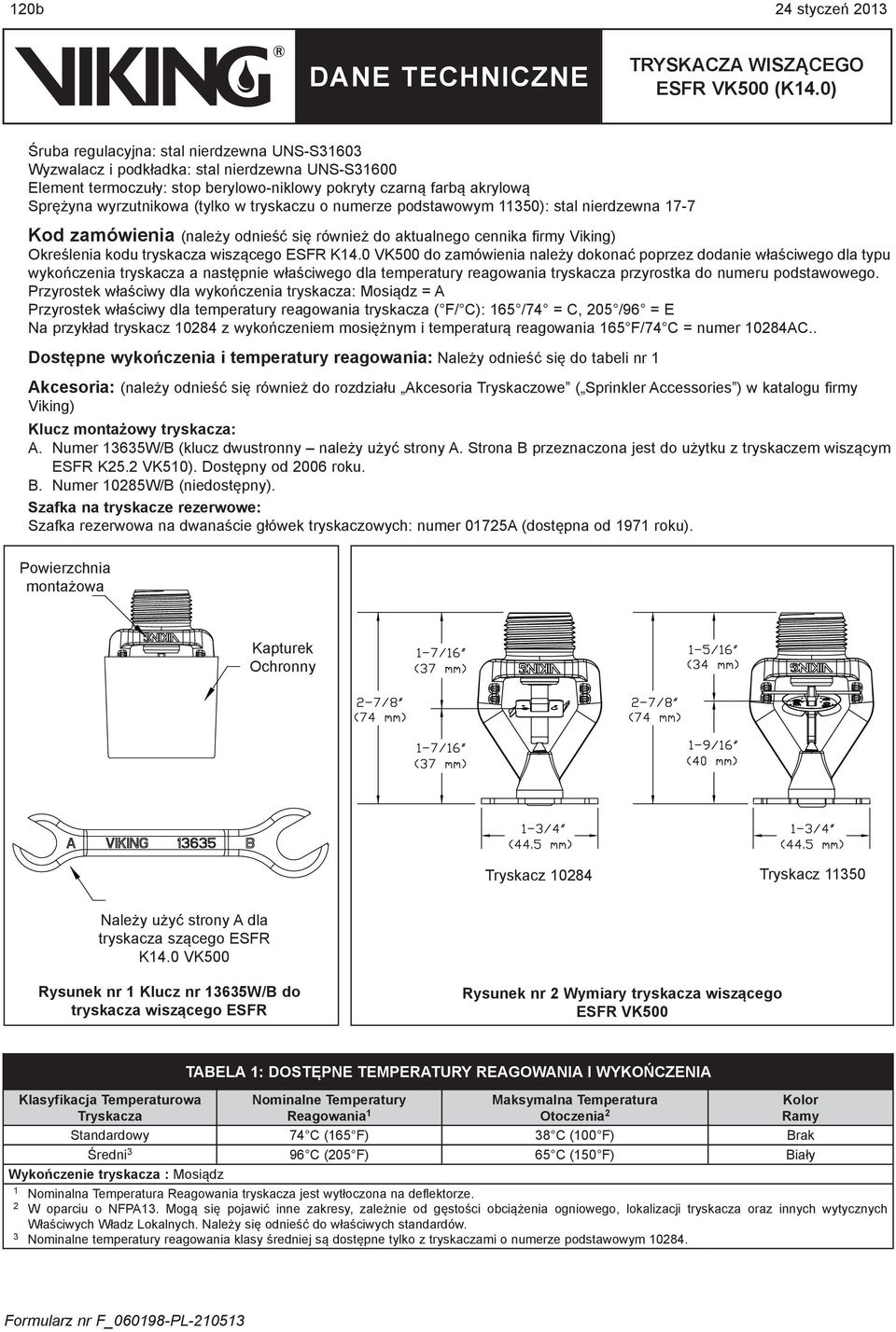 K4.0 VK500 do zamówienia należy dokonać poprzez dodanie właściwego dla typu wykończenia tryskacza a następnie właściwego dla temperatury reagowania tryskacza przyrostka do numeru podstawowego.
