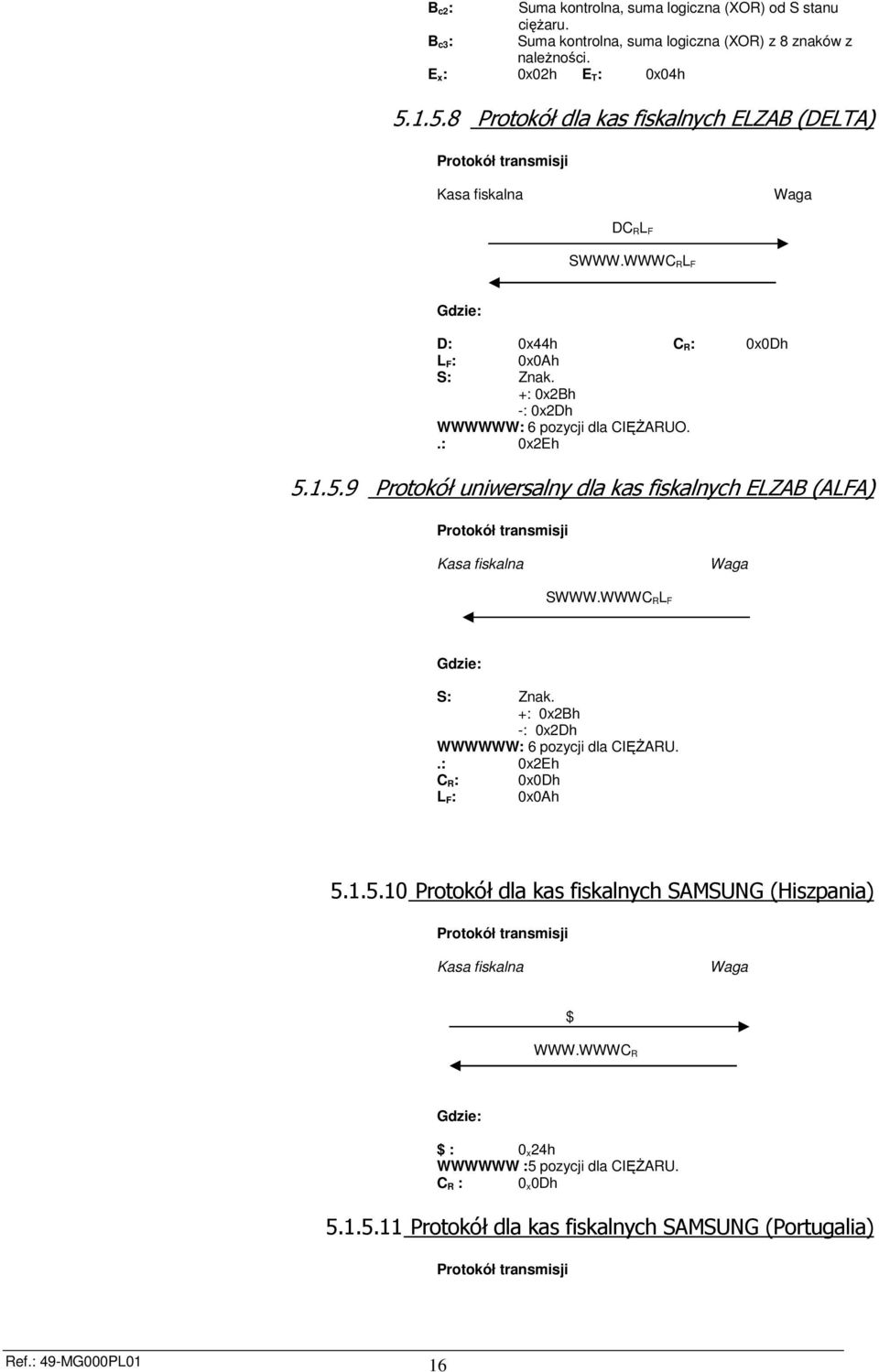 WWWC RL F S: Znak. +: 0x2Bh -: 0x2Dh WWWWWW: 6 pozycji dla CIĘśARU..: 0x2Eh C R: 0x0Dh L F: 0x0Ah 5.1.5.10 Protokół dla kas fiskalnych SAMSUNG (Hiszpania) $ WWW.