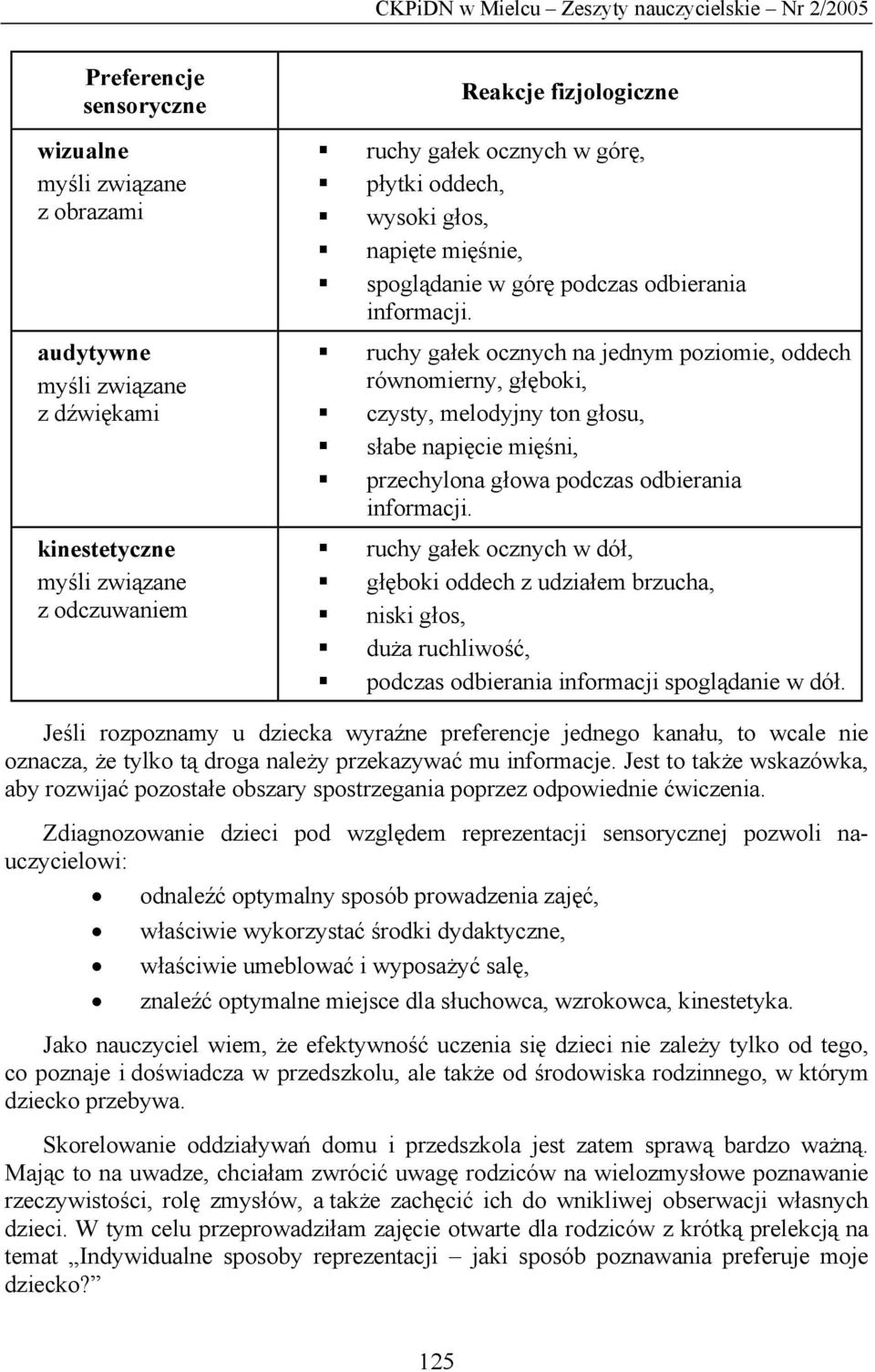 ruchy gałek ocznych na jednym poziomie, oddech równomierny, głęboki, czysty, melodyjny ton głosu, słabe napięcie mięśni, przechylona głowa podczas odbierania informacji.