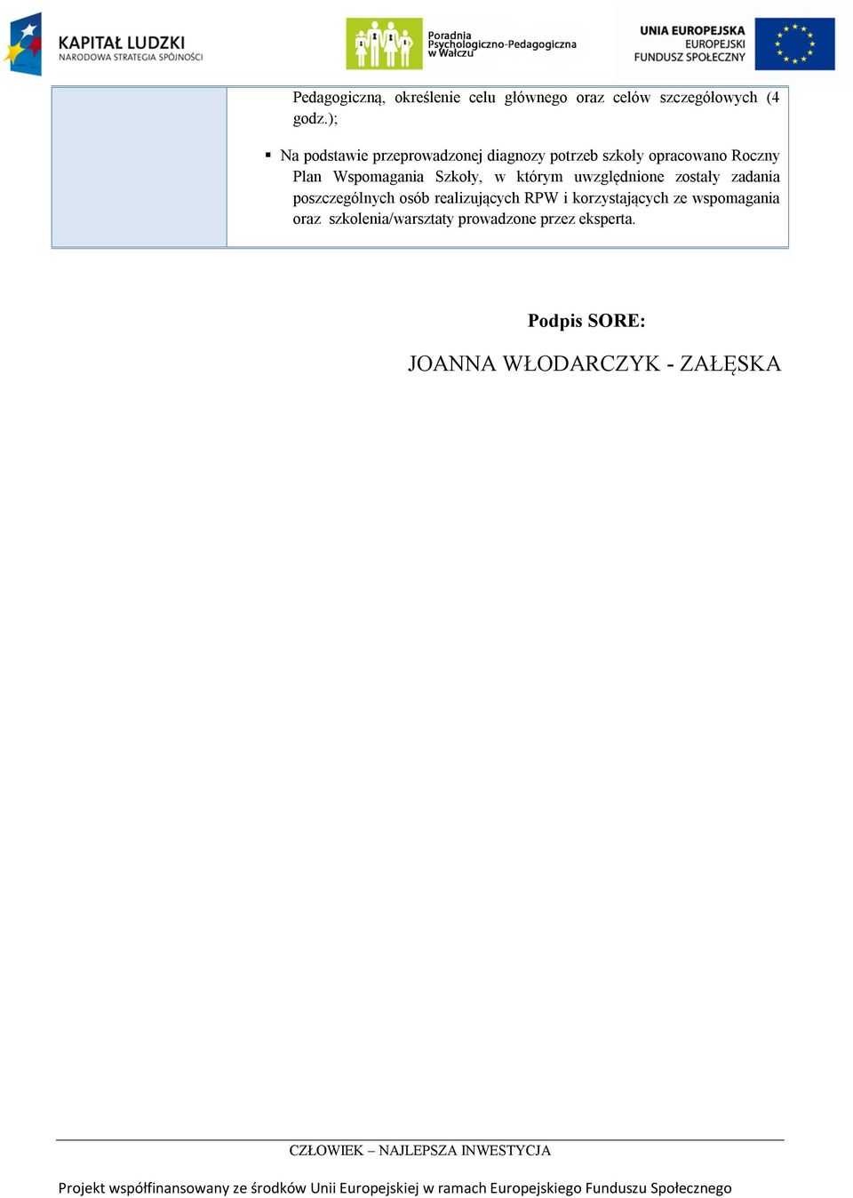 Szkoły, w którym uwzględnione zostały zadania poszczególnych osób realizujących RPW i
