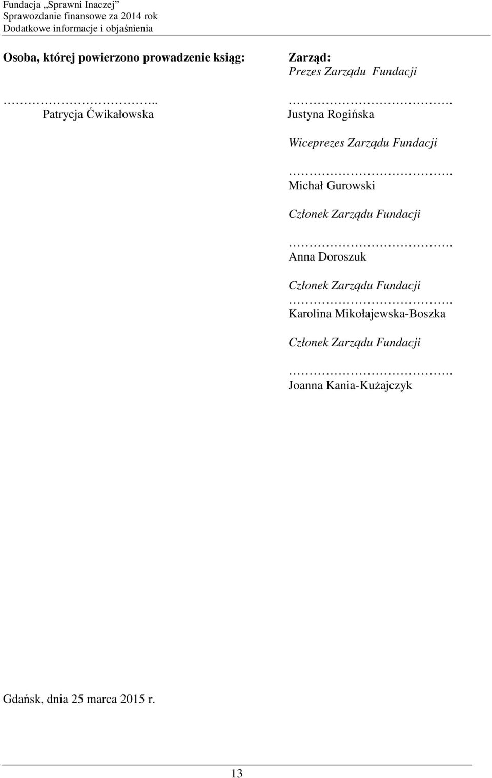 Zarządu Fundacji Michał Gurowski Członek Zarządu Fundacji Anna Doroszuk Członek
