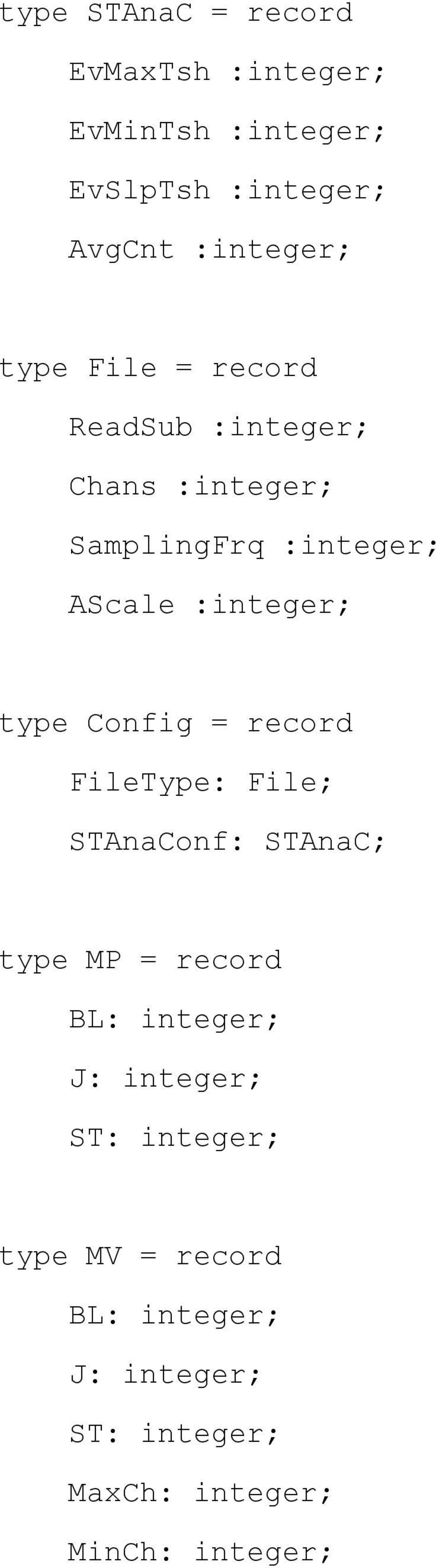 type Config = record FileType: File; STAnaConf: STAnaC; type MP = record BL: integer; J: