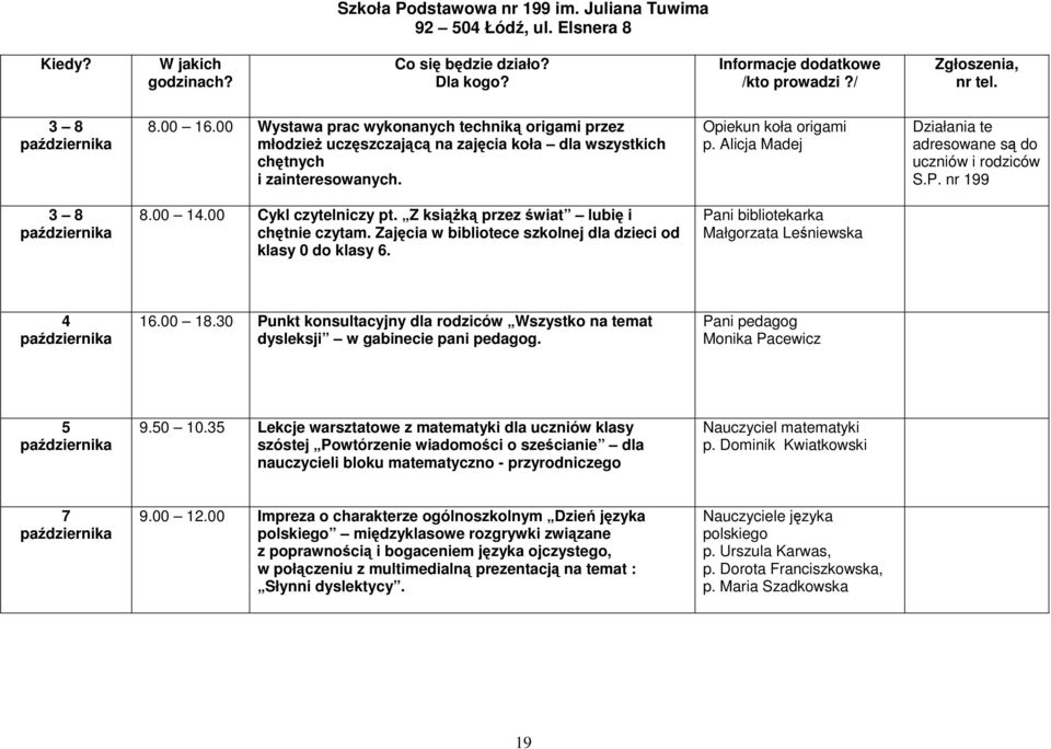 Alicja Madej Działania te adresowane są do uczniów i rodziców S.P. nr 199 3 8 października 8.00 14.00 Cykl czytelniczy pt. Z książką przez świat lubię i chętnie czytam.