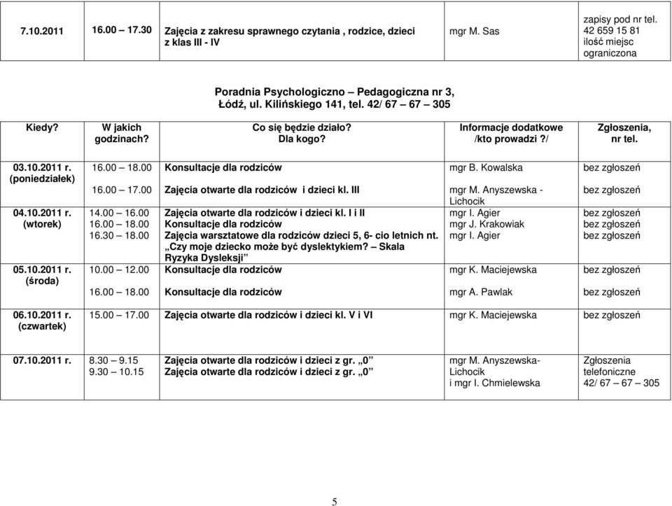 00 18.00 16.00 17.00 14.00 16.00 16.00 18.00 16.30 18.00 10.00 12.00 16.00 18.00 Konsultacje dla rodziców Zajęcia otwarte dla rodziców i dzieci kl. III Zajęcia otwarte dla rodziców i dzieci kl.