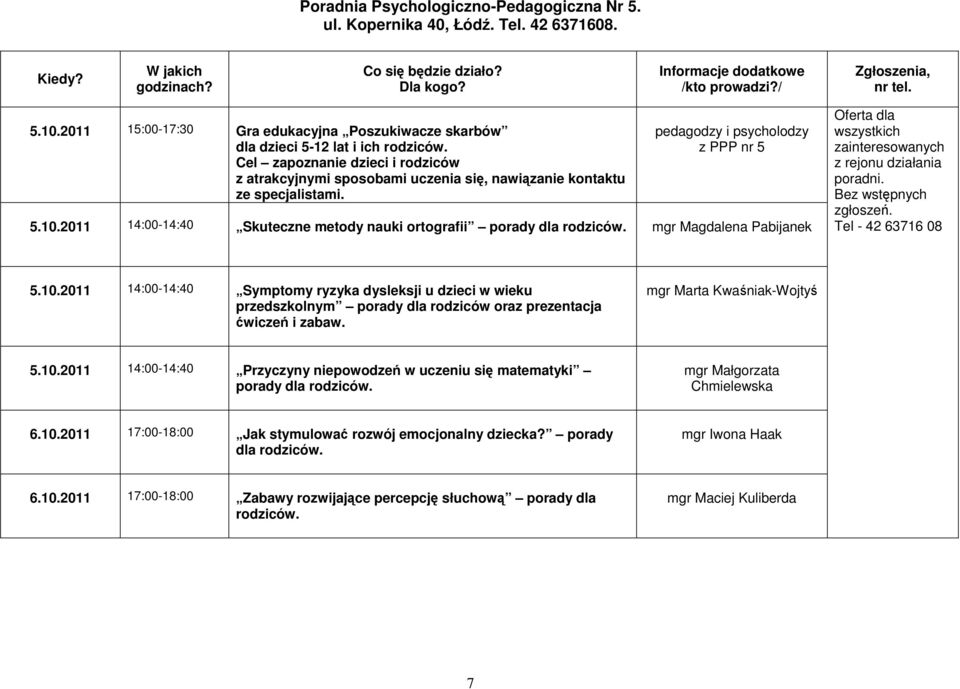 2011 14:00-14:40 Skuteczne metody nauki ortografii porady dla rodziców. mgr Magdalena Pabijanek Oferta dla wszystkich zainteresowanych z rejonu działania poradni. Bez wstępnych zgłoszeń.