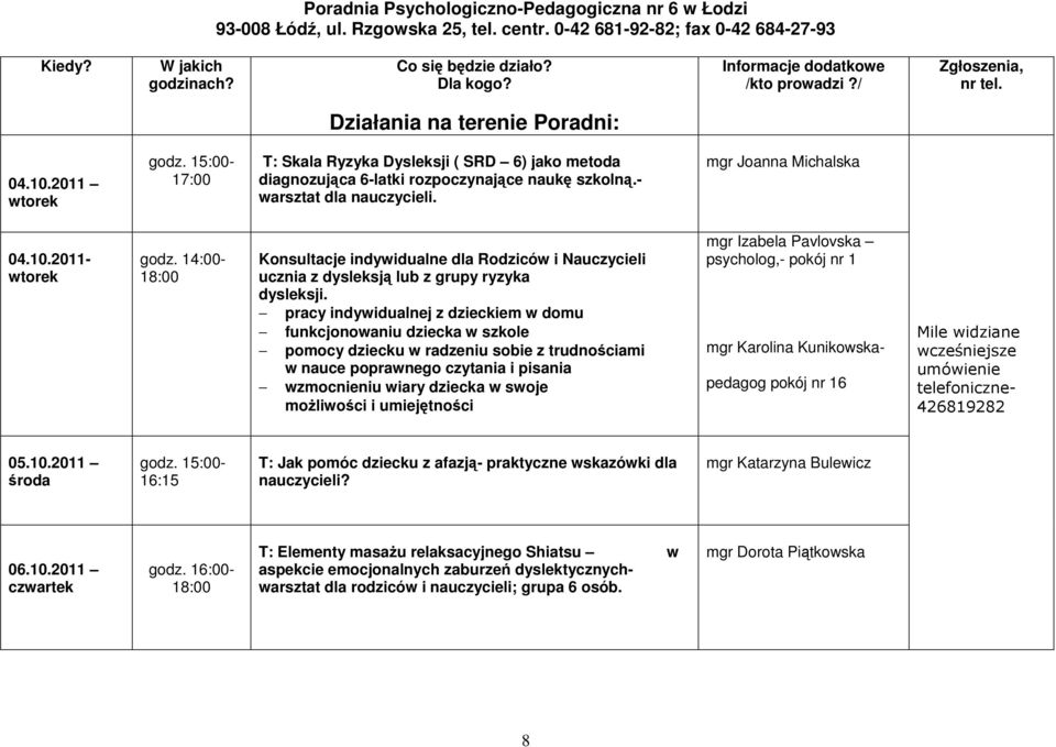 2011- wtorek godz. 14:00-18:00 Konsultacje indywidualne dla Rodziców i Nauczycieli ucznia z dysleksją lub z grupy ryzyka dysleksji.