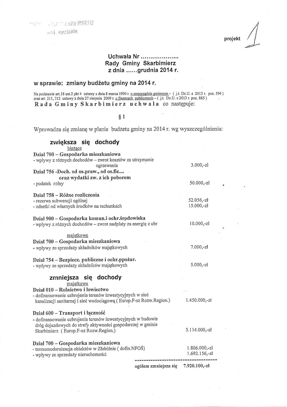 885 ) Rd rgminy Skrbimierz uhwl ntqpuje: $1 Wprwdzizmin w plnie budzetu gminy n20l4 r', wg \iryzzeglnient: zlviekz iq dhdy biele Dzi} 700 - Gpdrk miezkniw - wptywy zr2nyh dhdw - zwrt kztw zutrzymnie