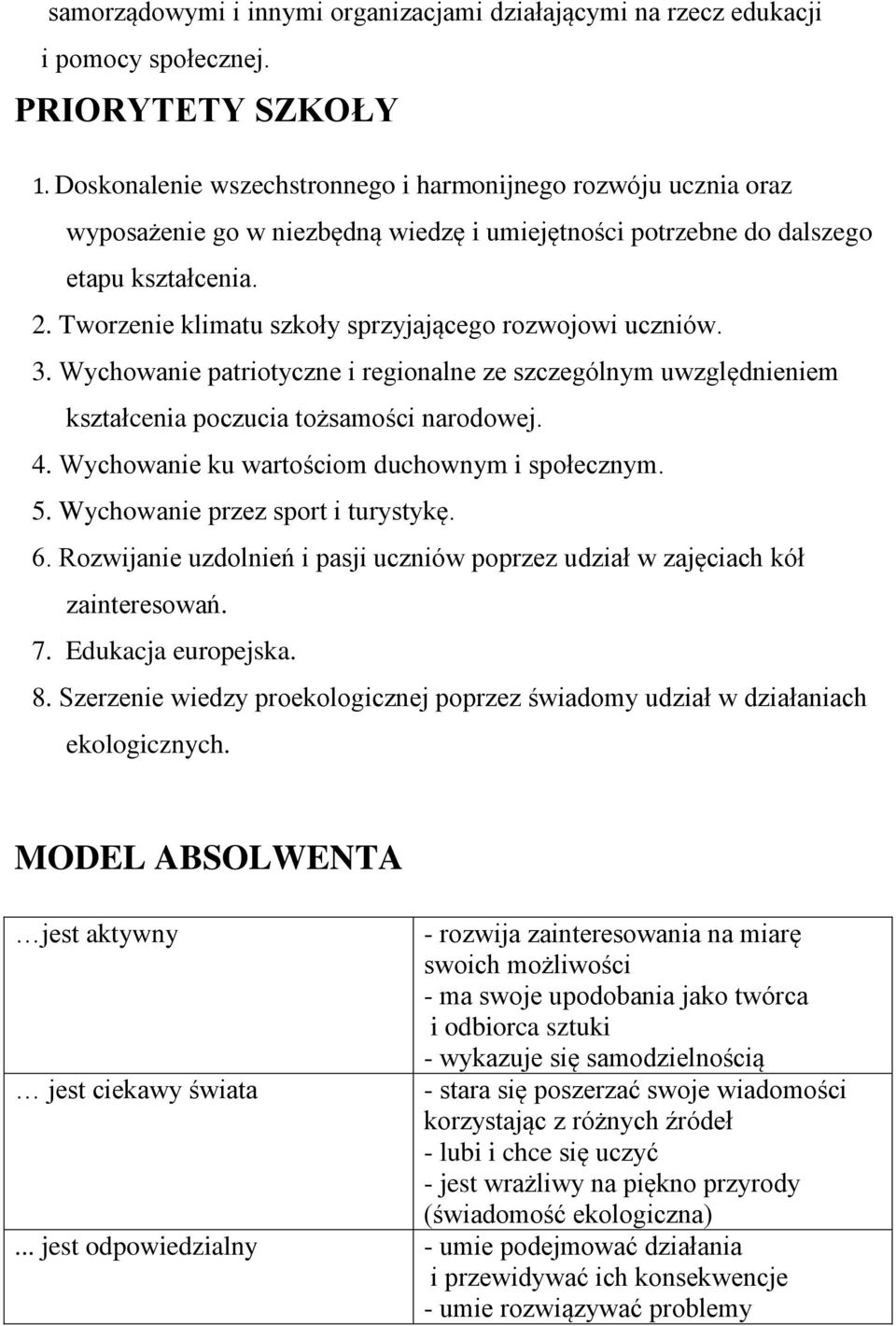 Tworzenie klimatu szkoły sprzyjającego rozwojowi uczniów. 3. Wychowanie patriotyczne i regionalne ze szczególnym uwzględnieniem kształcenia poczucia tożsamości narodowej. 4.