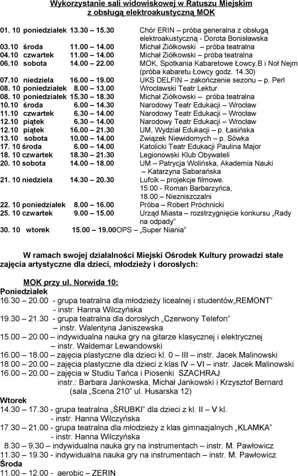 B i Noł Nejm (próba kabaretu Łowcy godz. 14.30) 07.10 niedziela 16.00 19.00 UKS DELFIN zakończenie sezonu p. Perl 08. 10 poniedziałek 8.00 13.00 Wrocławski Teatr Lektur 08. 10 poniedziałek 15.30 18.