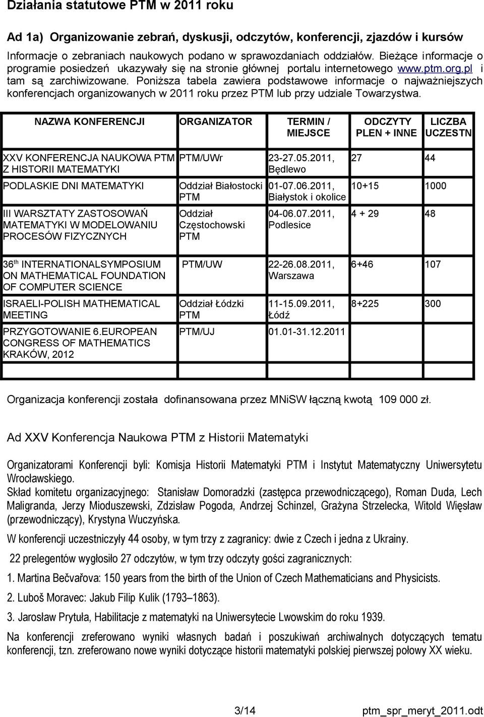 Poniższa tabela zawiera podstawowe informacje o najważniejszych konferencjach organizowanych w 2011 roku przez PTM lub przy udziale Towarzystwa.