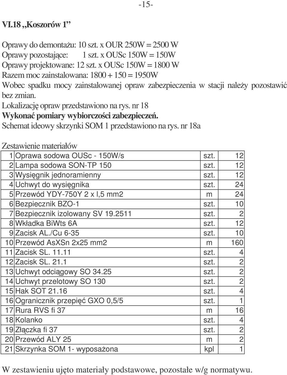 nr 18 Wykona pomiary wybiorczoci zabezpiecze. Schemat ideowy skrzynki SOM 1 przedstawiono na rys. nr 18a 1 Oprawa sodowa OUSc - 150W/s szt. 12 2 Lampa sodowa SON-TP 150 szt.