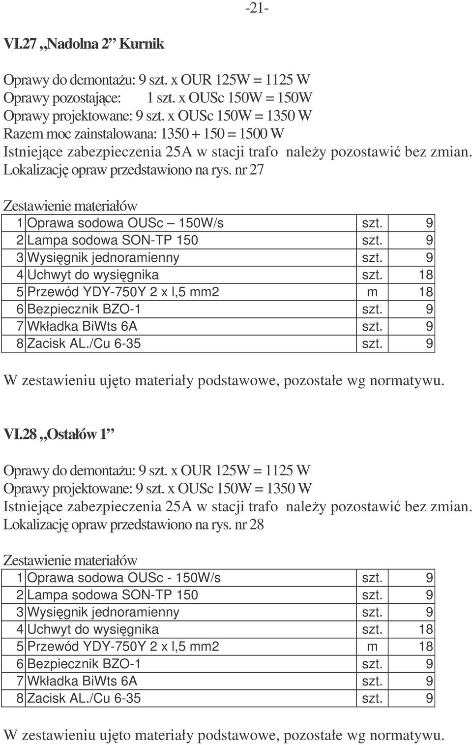 nr 27 1 Oprawa sodowa OUSc 150W/s szt. 9 2 Lampa sodowa SON-TP 150 szt. 9 3 Wysignik jednoramienny szt. 9 4 Uchwyt do wysignika szt. 18 5 Przewód YDY-750Y 2 x l,5 mm2 m 18 6 Bezpiecznik BZO-1 szt.