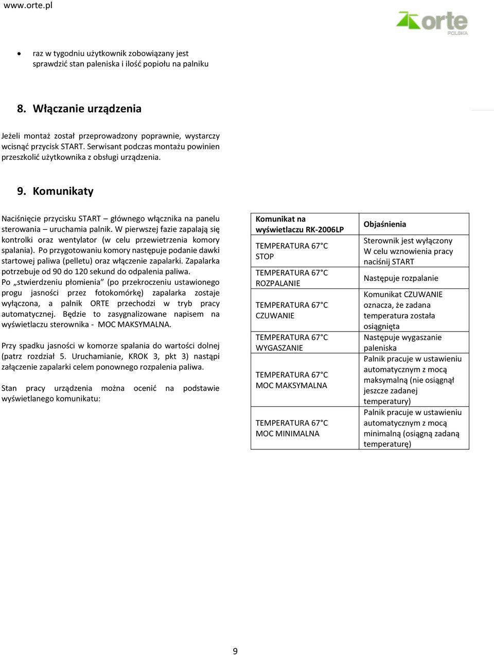 W pierwszej fazie zapalają się kontrolki oraz wentylator (w celu przewietrzenia komory spalania). Po przygotowaniu komory następuje podanie dawki startowej paliwa (pelletu) oraz włączenie zapalarki.