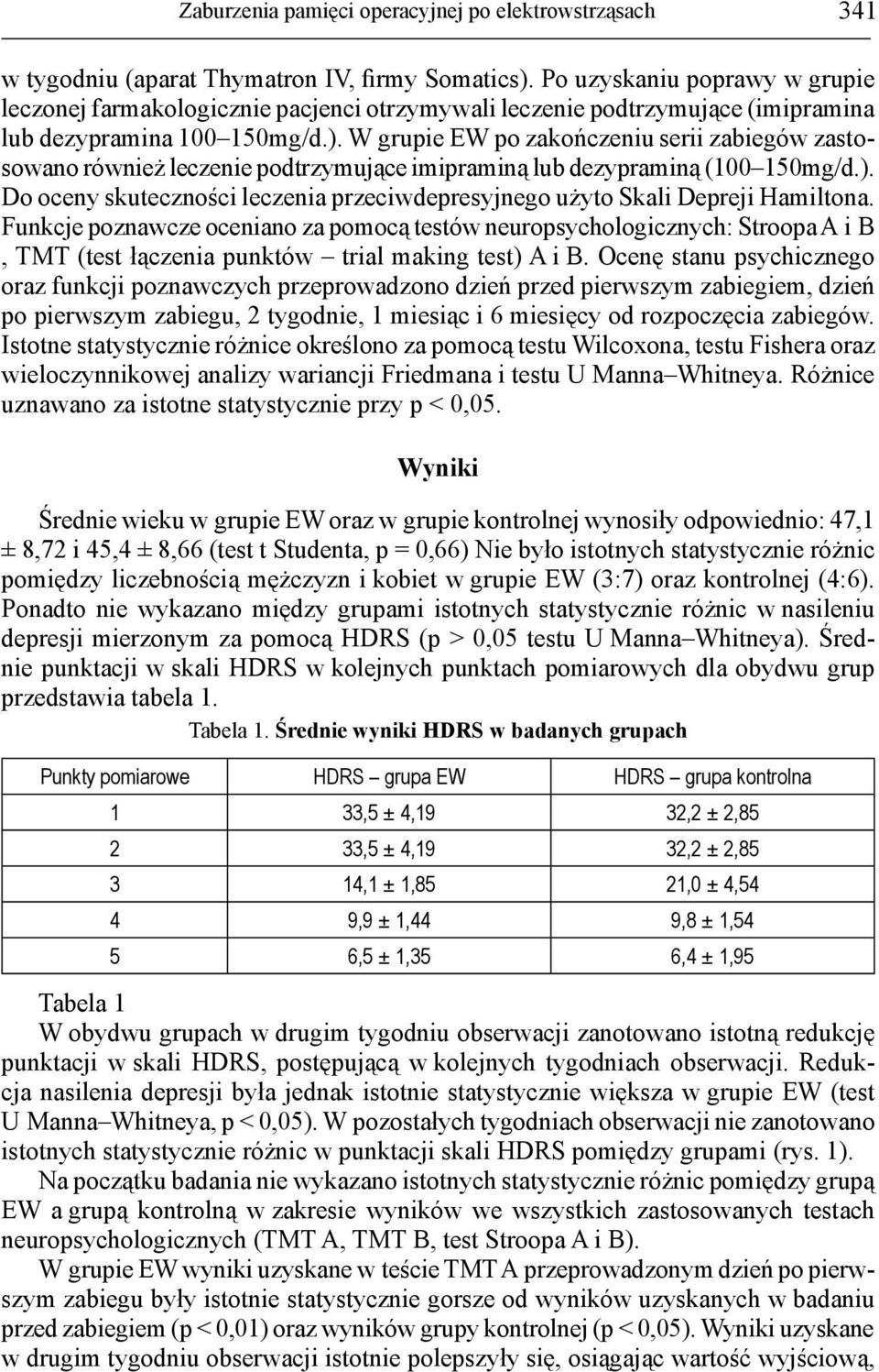 W grupie EW po zakończeniu serii zabiegów zastosowano również leczenie podtrzymujące imipraminą lub dezypraminą (100 150mg/d.).