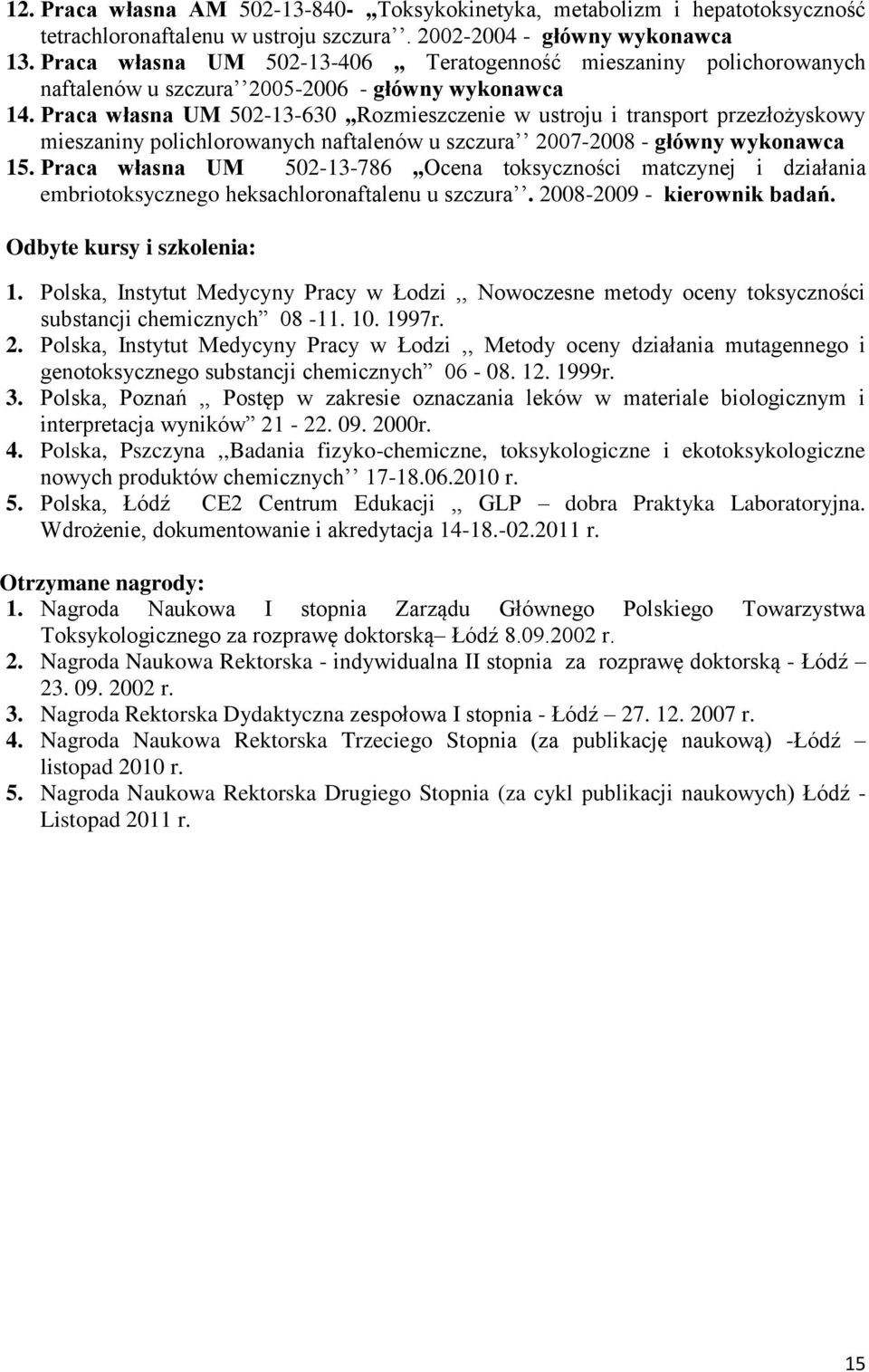 Praca własna UM 502-13-630,,Rozmieszczenie w ustroju i transport przezłożyskowy mieszaniny polichlorowanych naftalenów u szczura 2007-2008 - główny wykonawca 15.