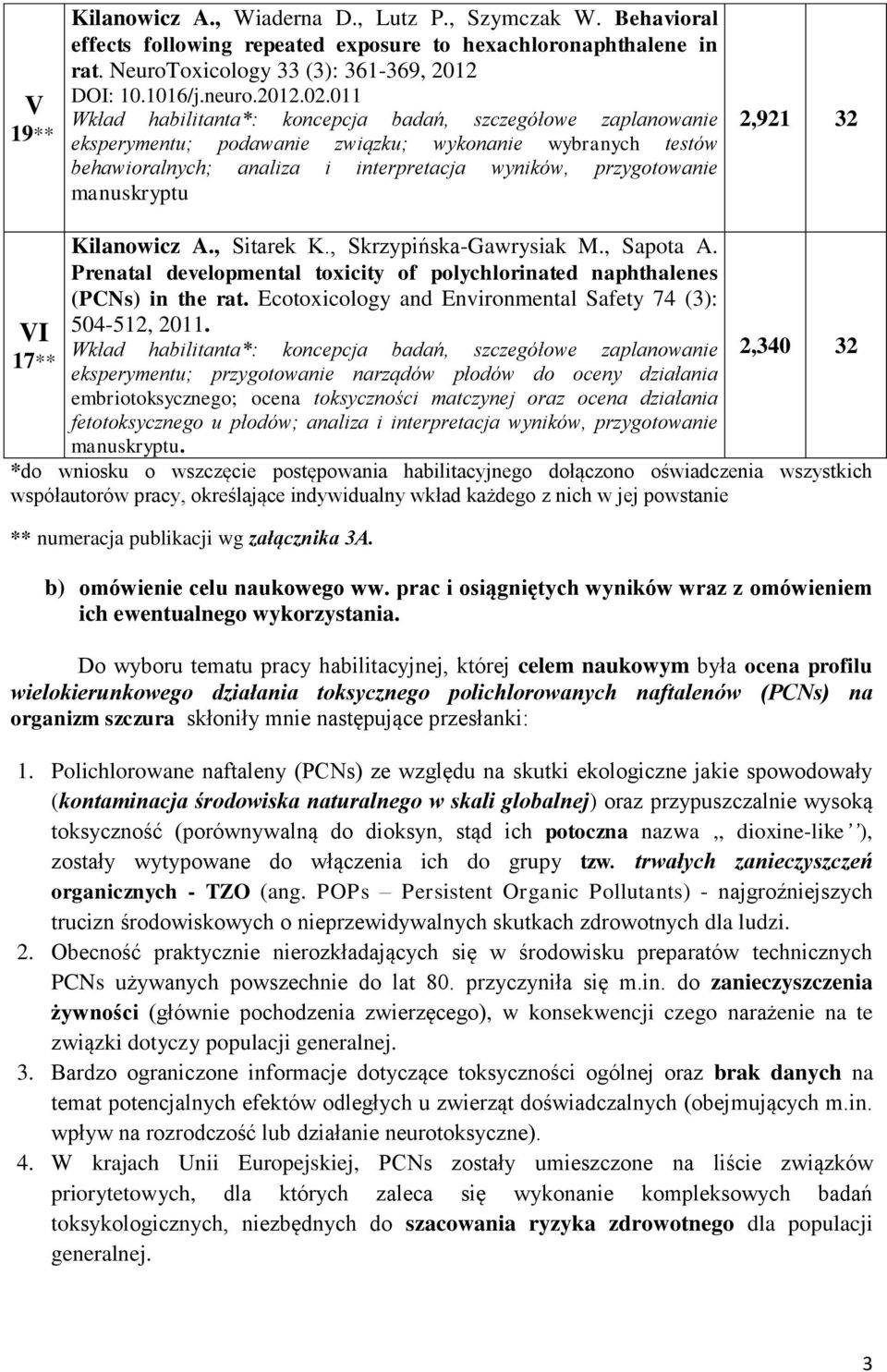 manuskryptu 2,921 32 VI 17** Kilanowicz A., Sitarek K., Skrzypińska-Gawrysiak M., Sapota A. Prenatal developmental toxicity of polychlorinated naphthalenes (PCNs) in the rat.