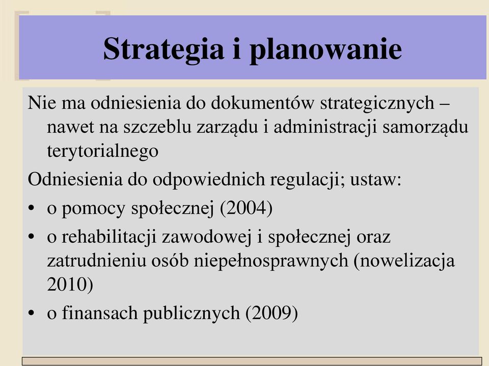 odpowiednich regulacji; ustaw: o pomocy społecznej (2004) o rehabilitacji zawodowej