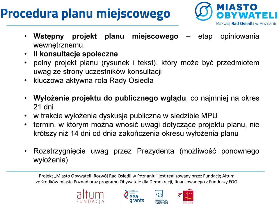 aktywna rola Rady Osiedla Wyłożenie projektu do publicznego wglądu, co najmniej na okres 21 dni w trakcie wyłożenia dyskusja publiczna w
