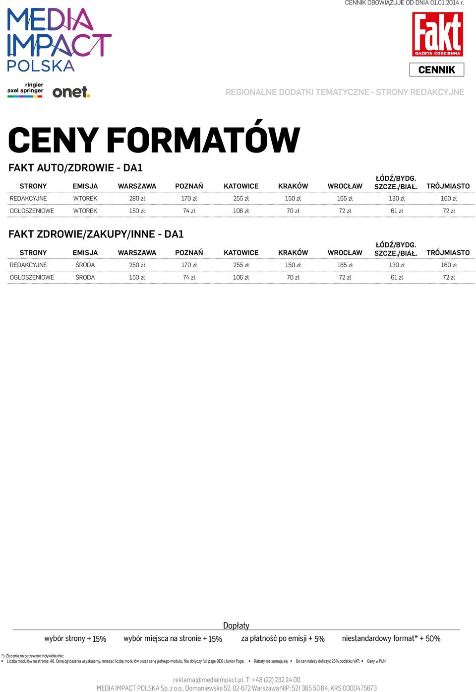 TRÓJMIASTO REDAKCYJNE WTOREK 280 zł 170 zł 255 zł 150 zł 165 zł 130 zł 160 zł OGŁOSZENIOWE WTOREK 150 zł 74 zł 106 zł 70 zł 72 zł 61 zł