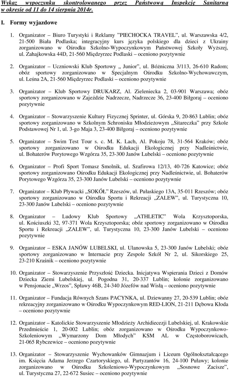 Zahajkowska 44D, 21-560 Międzyrzec Podlaski 2. Organizator Uczniowski Klub Sportowy Junior, ul.