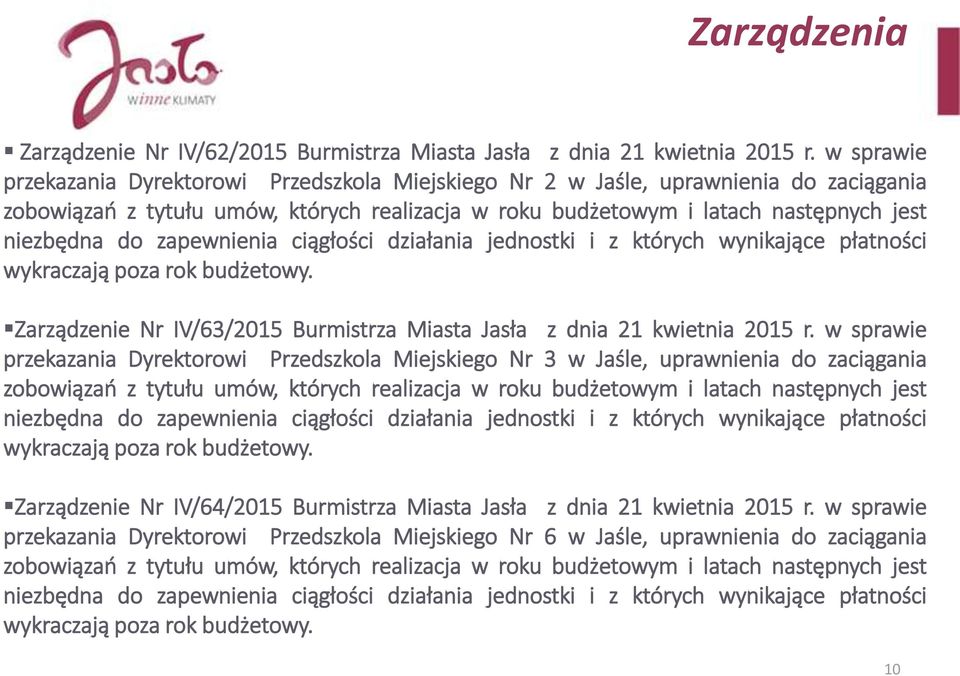 zapewnienia ciągłości działania jednostki i z których wynikające płatności wykraczają poza rok budżetowy. Zarządzenie Nr IV/63/2015 Burmistrza Miasta Jasła z dnia 21 kwietnia 2015 r.