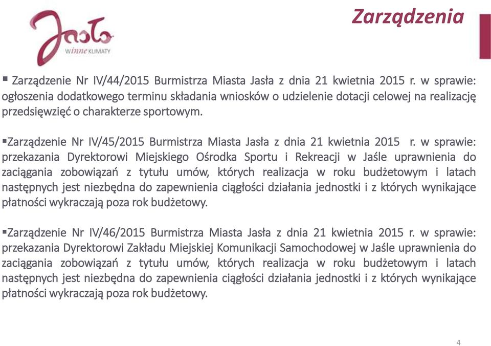 Zarządzenie Nr IV/45/2015 Burmistrza Miasta Jasła z dnia 21 kwietnia 2015 r.