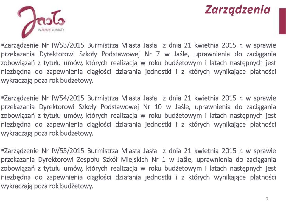 zapewnienia ciągłości działania jednostki i z których wynikające płatności wykraczają poza rok budżetowy. Zarządzenie Nr IV/54/2015 Burmistrza Miasta Jasła z dnia 21 kwietnia 2015 r.