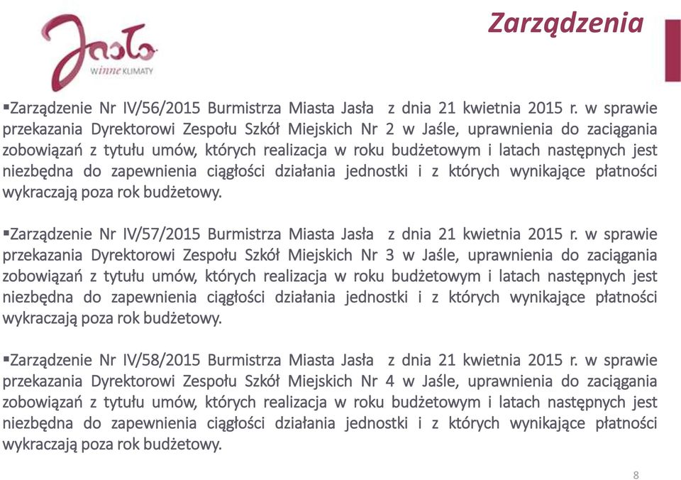 zapewnienia ciągłości działania jednostki i z których wynikające płatności wykraczają poza rok budżetowy. Zarządzenie Nr IV/57/2015 Burmistrza Miasta Jasła z dnia 21 kwietnia 2015 r.